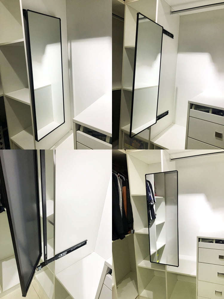 趟門衣櫃可以選擇拉出式的旋轉試衣鏡，同樣需要使用時輕鬆就能拉出，不用時把它藏在衣櫃裡就可以了