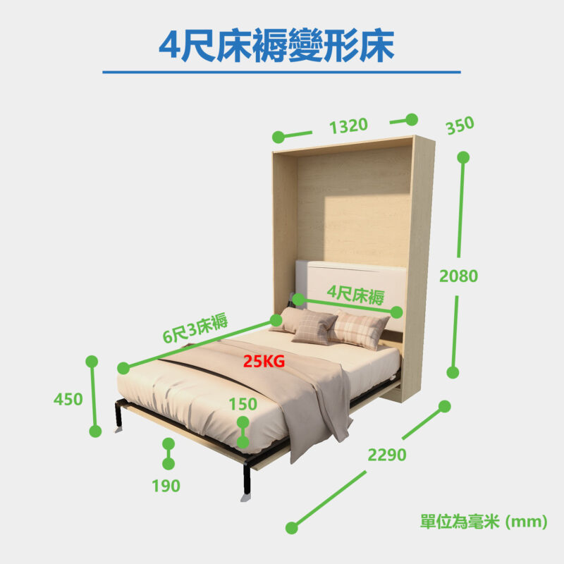 白底尺寸標示圖，標題「4尺床褥變形床」，圖中淺木紋摺疊床展開成床，綠色箭嘴標出床箱闊1320mm、深350mm、總高2080mm、打開長2290mm、離地高450mm等數據，並紅字標示床褥25KG。
