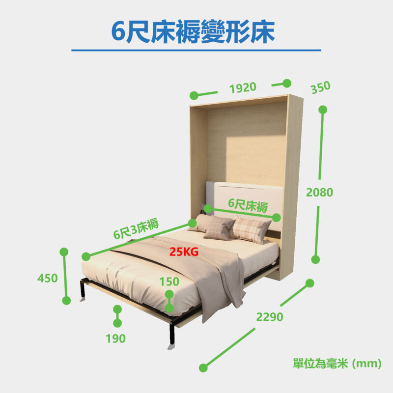 白底尺寸標示圖，標題「6尺床褥變形床」，淺木紋摺疊床展開成雙人床，綠色箭嘴標出床箱闊1920mm、深350mm、總高2080mm、打開長2290mm、離地高450mm，紅字標示床褥25KG。