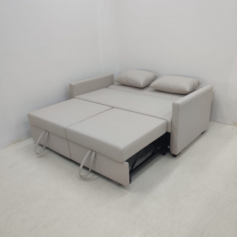 1.65米梳化床實拍照，中間平分，杏色貓抓皮梳化+cushion (仁益1976-3)