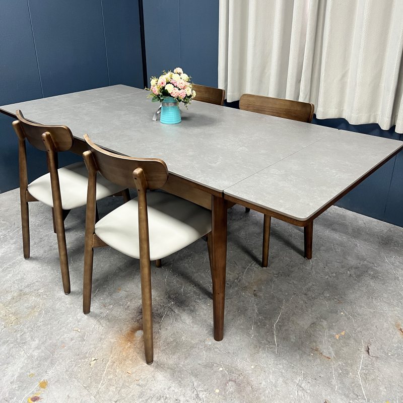 工廠實拍圖：Reese實木伸縮餐枱，胡桃色，岩板啞光維克淺灰色