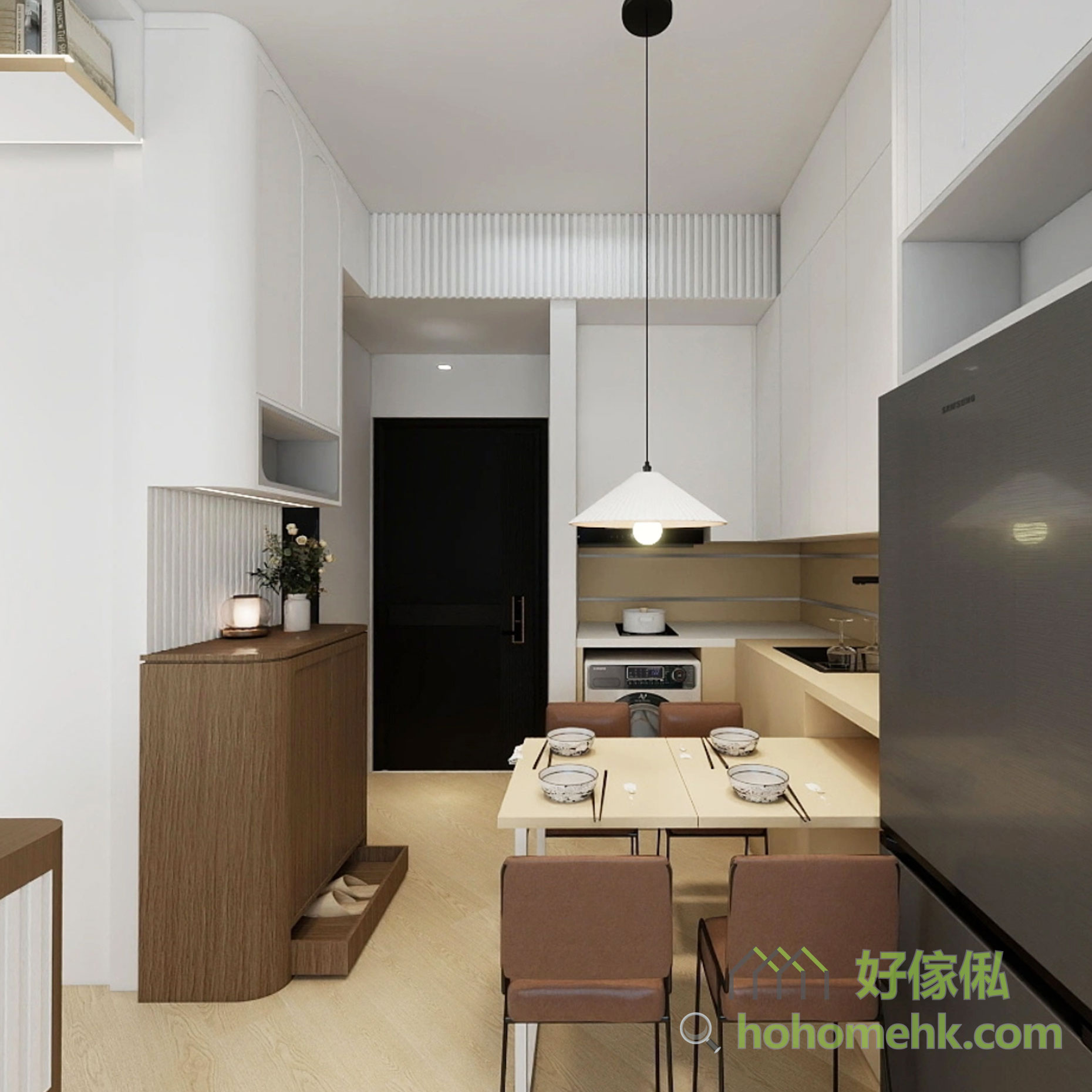 廳櫃拼色重點,吊櫃及到頂櫃選用白色,地櫃則選用深木色,營造層次感。