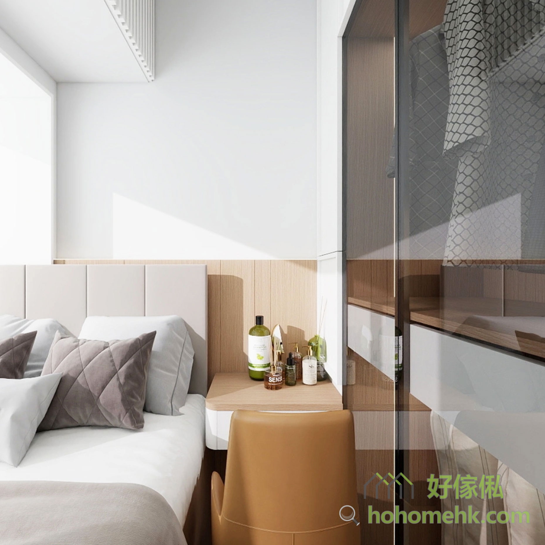 睡房細的話,最好就是將床、梳妝枱和衣櫃一併設計,更高效利率空間。