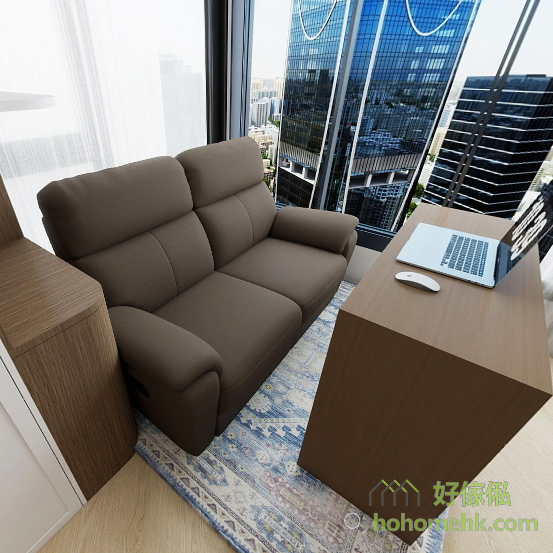 變形傢俬可保留空間的靈活性,電視櫃下方內藏一張活動式小茶几,可以隨時移動到梳化前面使用