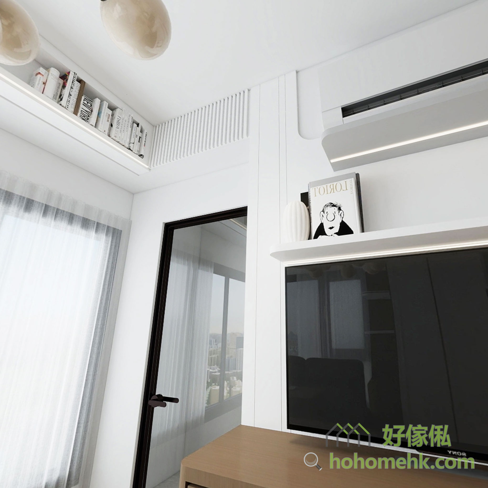 因為客廳不算寬敞,所以電視櫃上半部份以簡約的層板及背景牆為主,延伸到天花,利用天花位置做個小吊櫃,收納空間自然增加不少。