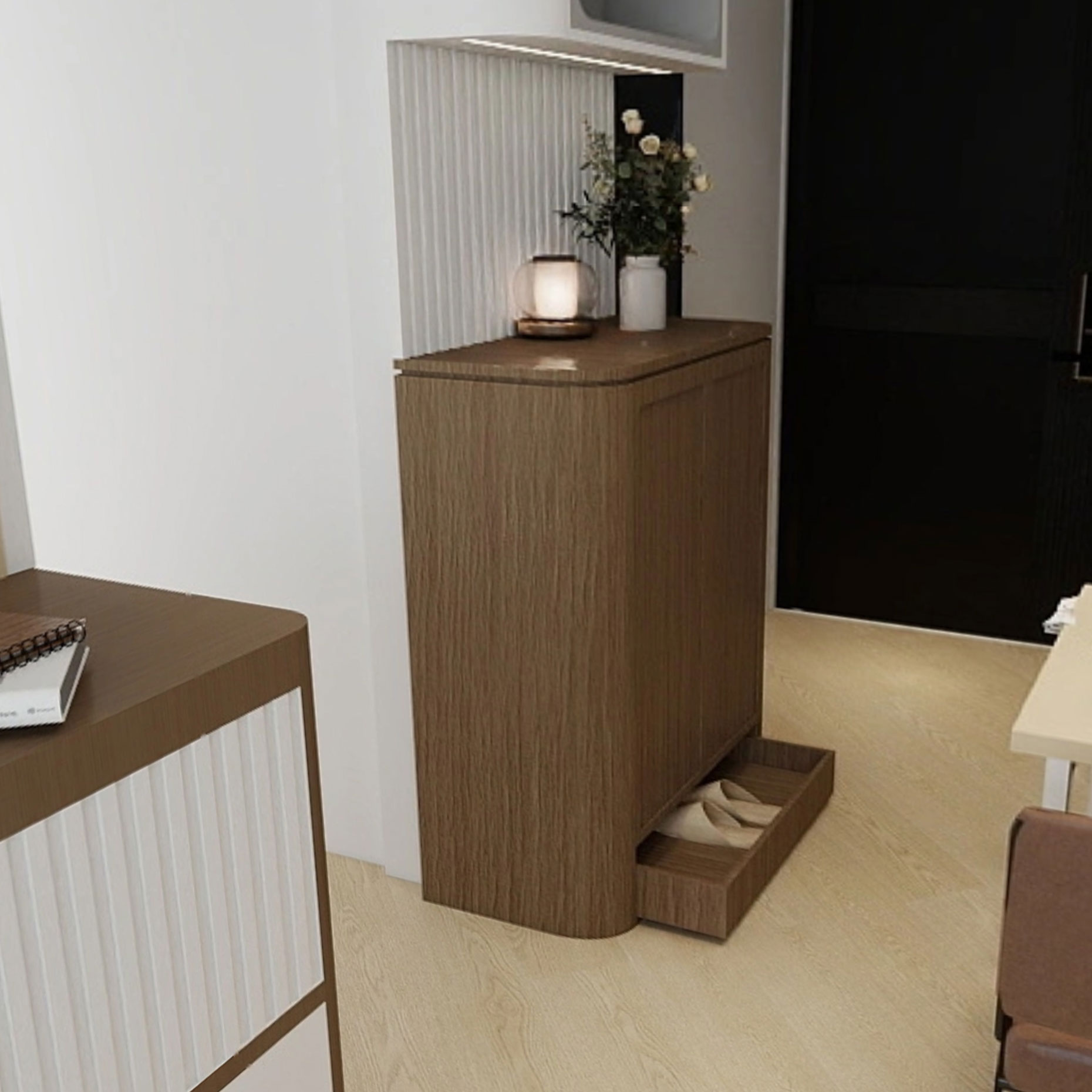 鞋櫃不做懸空設計,最底層做拖拉櫃,不用彎腰,用腳就可以輕鬆拉出來,直接穿腳脫鞋,更加方便。